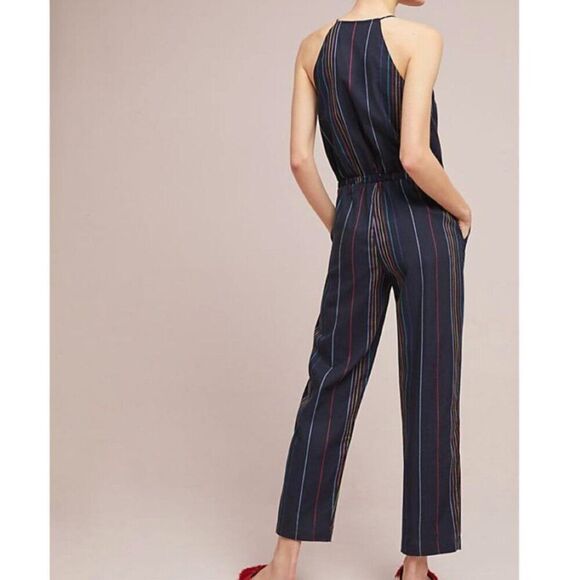 Anthropologie Dolan Left Coast Navy Embroidered Striped Cotton Halter Jumpsuit - Picture 2 of 16
